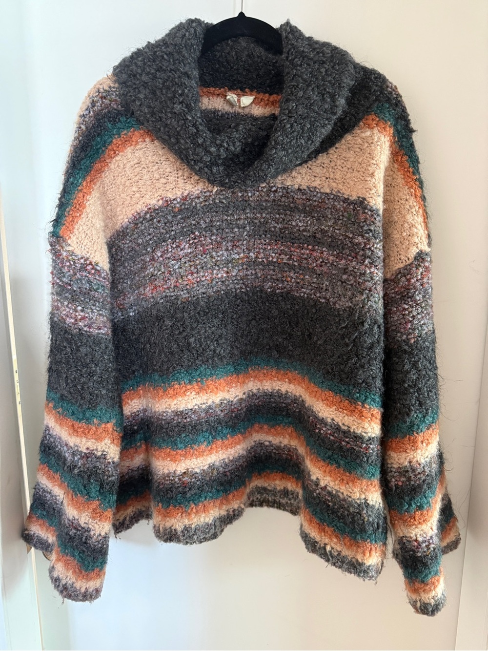 Anthropologie Moth Bouclé Stripe Cowl Neck Sweater XL Cozy Boho Knit